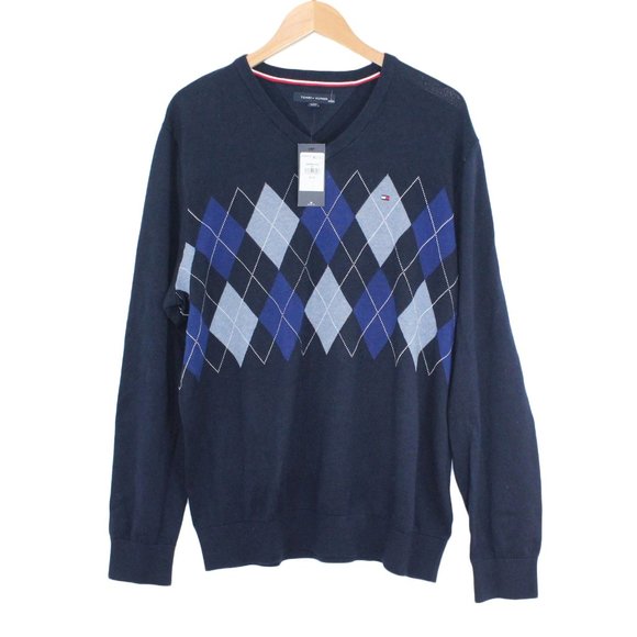 TOMMY HILFIGER Cotton V-Neck Argyle Long Sleeve Navy Blue Pullover Sweater - Picture 1 of 3